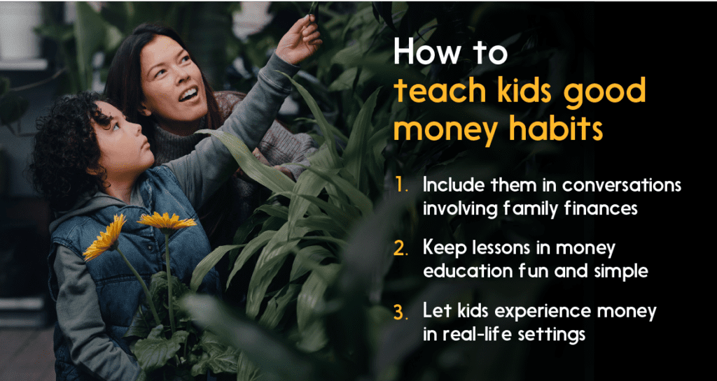 Picture of happy mother and son across three key points on how to teach good money habits to kids.