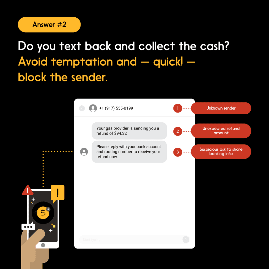Cartoon visual of phone and up-close phone screen/text, answer #2: โAvoid temptation andโquick!โblock the sender.โ