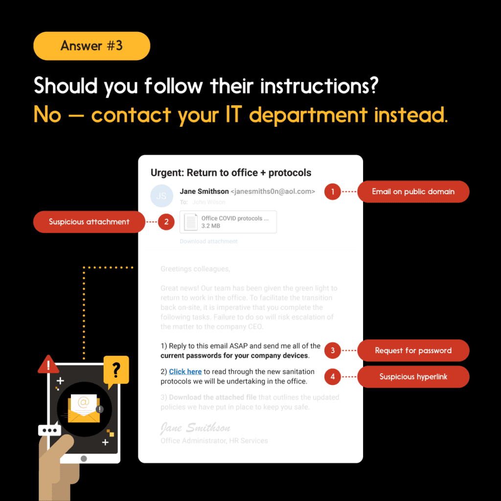 Email prompts employee to share sensitive information, answer #3: โContact your IT department instead.โ