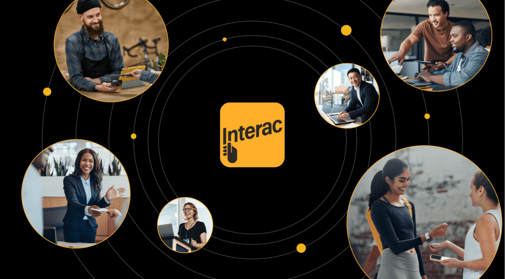 Photo collage: Six circular pictures of people engaged in transactions ‘orbit’ the Interac logo.