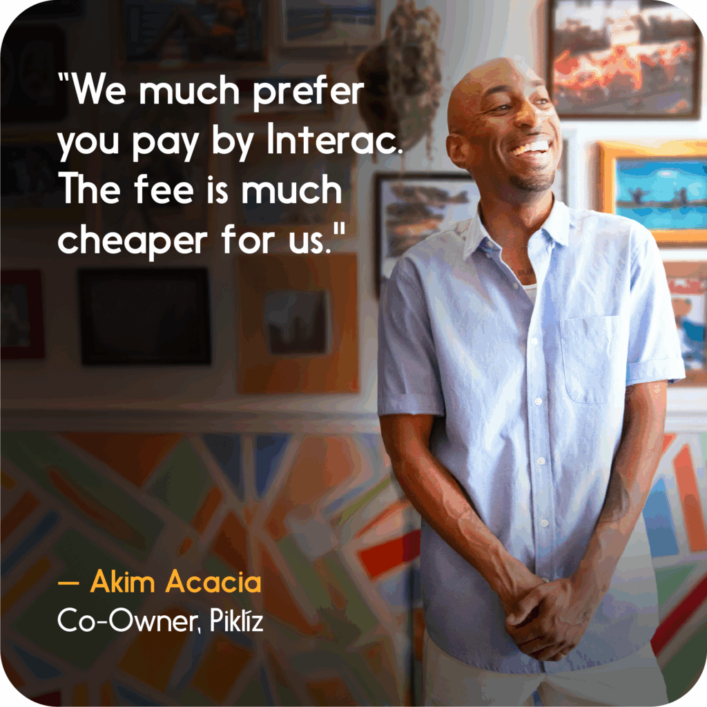 Akim Acacia, co-owner of Piklíz, in his shop with quote about preferring Interac for lower fees.