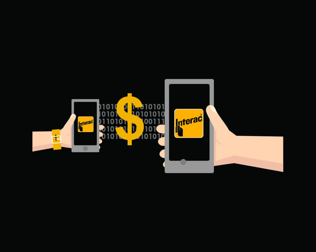 Illustration of Interac e-Transfer: Dollar sign, series of 1s and 0s, a cell phone and tablet