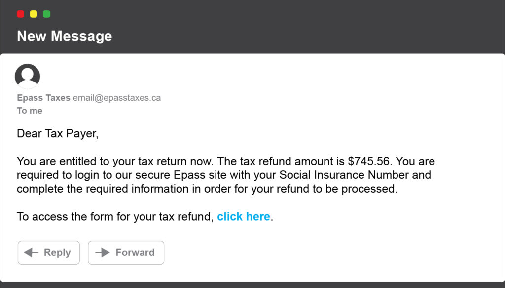 Illustration shows an email that looks like a typical phishing scam involving taxes.