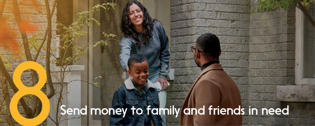 A mom smiles as her son and her husband get ready for a walk. 