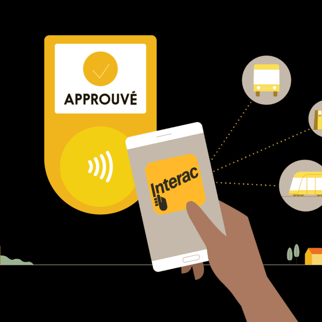 Illustration: Main utilise Débit Interac (portefeuille mobile) pour l’autobus et le tramway et pour louer un vélo.