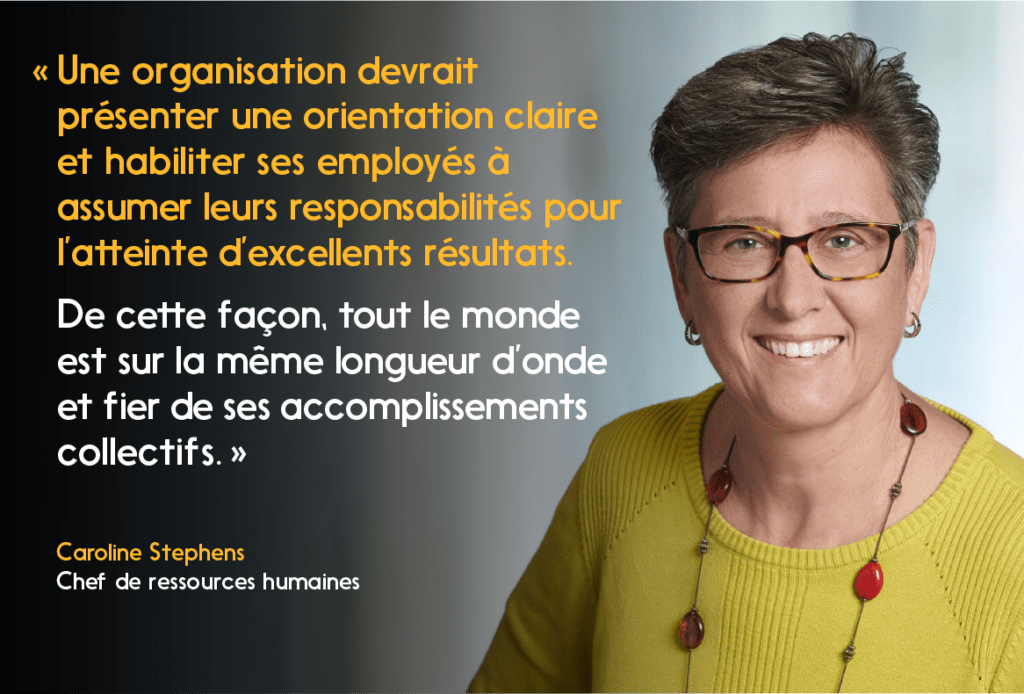 Citation: Une organisation devrait présenter une orientation claire et habiliter ses employés à assumer leurs responsabilités pour l’atteinte d’excellents résultats. De cette façon, tout le monde est sur la même longueur d’onde et fier de ses accomplissements collectifs. 