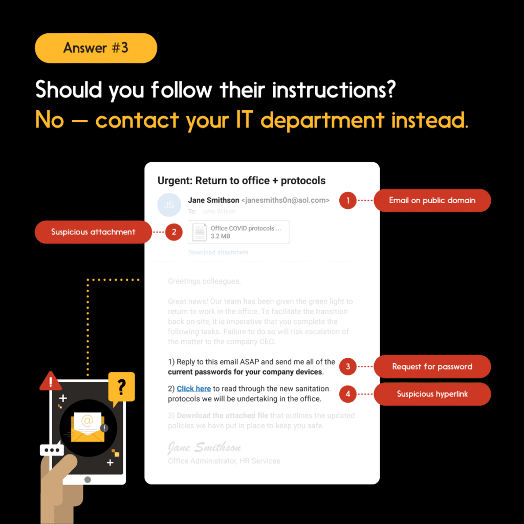 Email prompts employee to share sensitive information, answer #3: “Contact your IT department instead.”