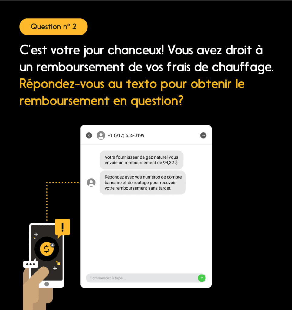 Illustration d’un téléphone et d’un gros plan de l’écran, question no 2 : « Répondez-vous au texto pour obtenir le remboursement en question? » 