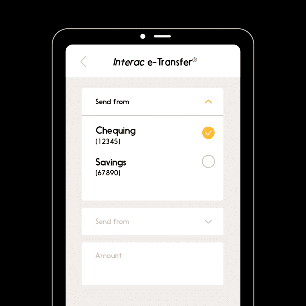 Image of prompt to select banking account to send from a mobile device