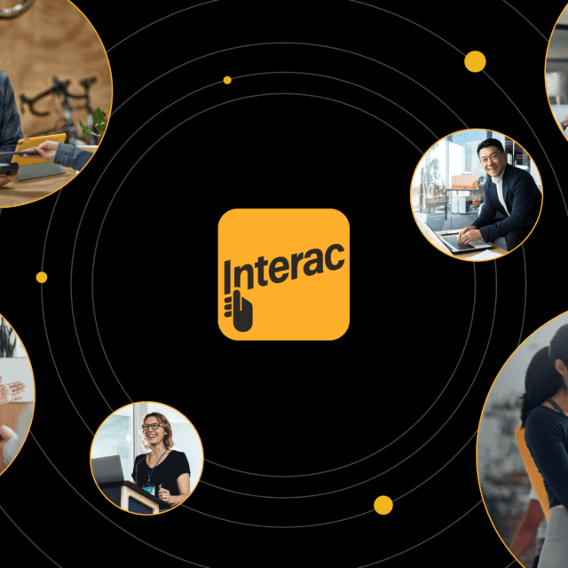 Photo collage: Six circular pictures of people engaged in transactions ‘orbit’ the Interac logo.